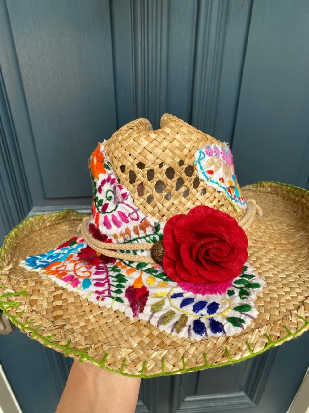 Gaudy Chic Straw Cowboy Hat embellished with Mexican dress Embroidery - Picture 8 of 15